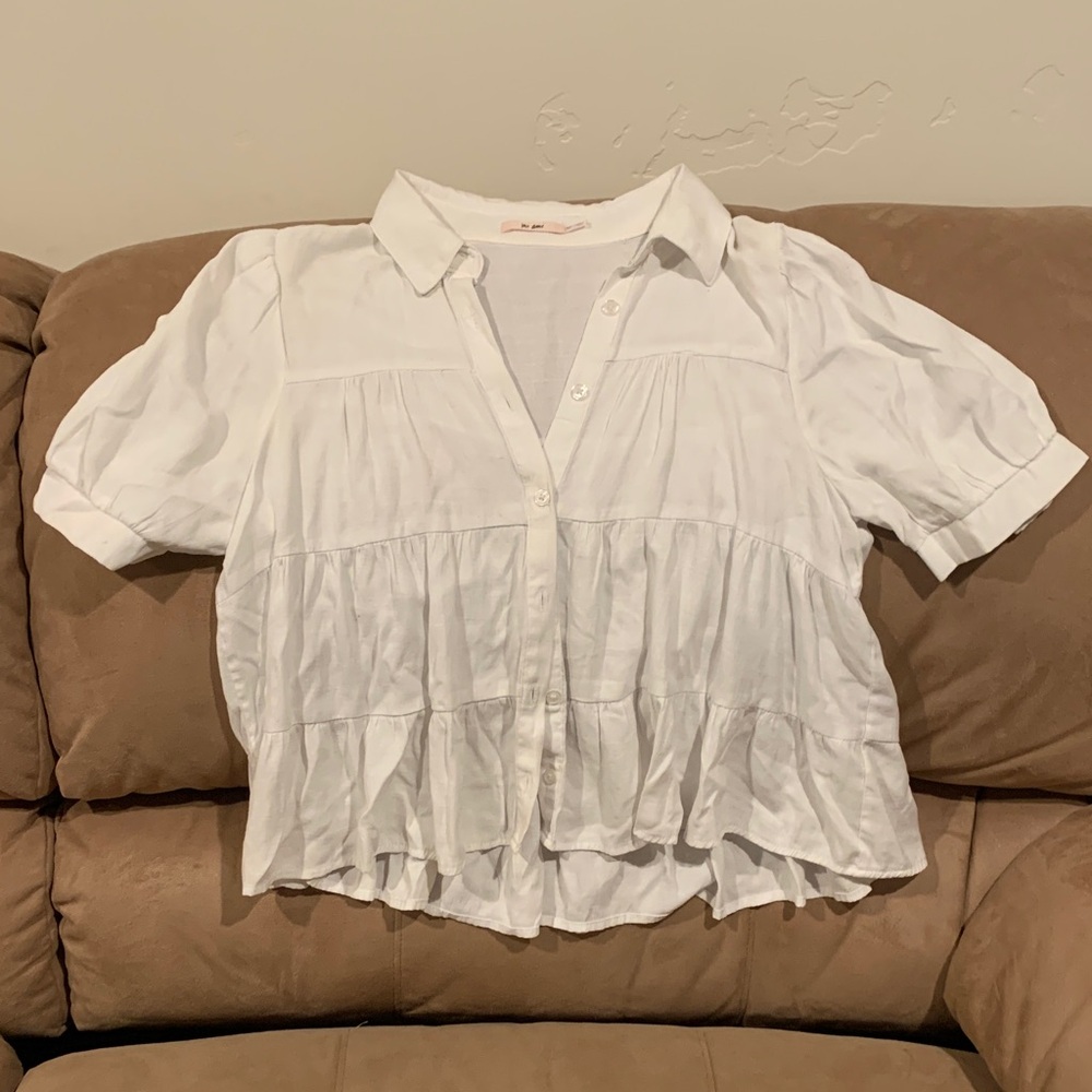 Francesca’s White Ruffled Button-Down Shirt